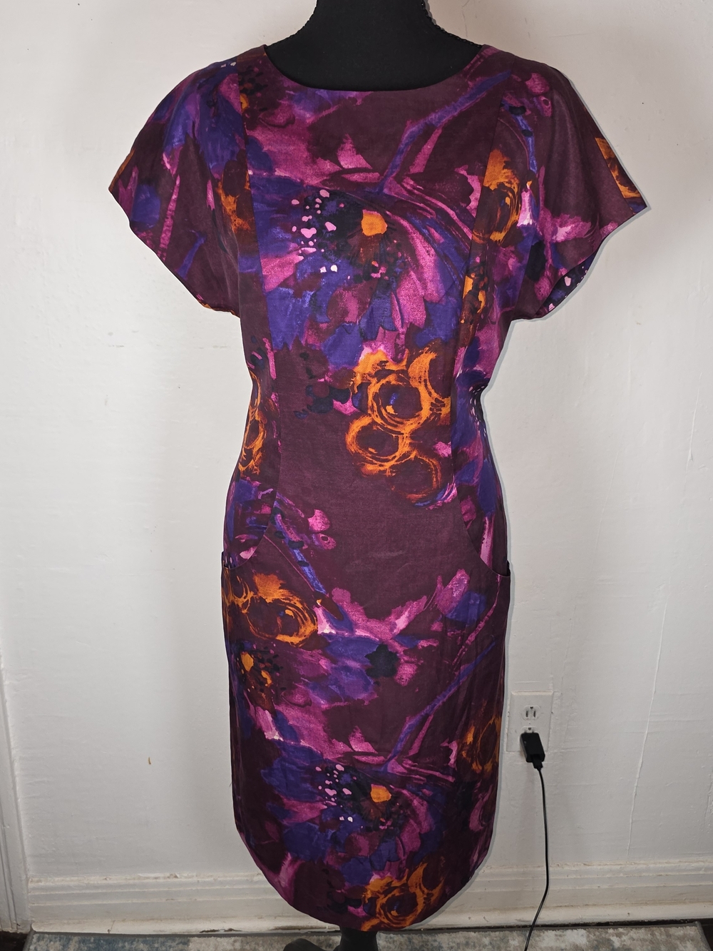 Dana Buchman Plum Floral Midi Dress with Orange & Fuchsia Accents